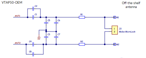 Example board schematic for antenna matching or tuning, here connecting to a Molex external antenna