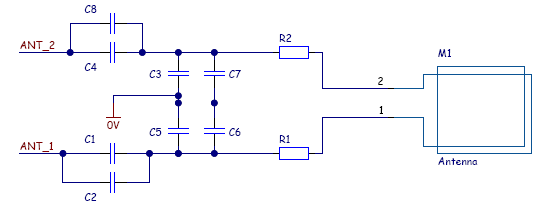 Example board schematic for antenna matching or tuning, connecting to an external antenna