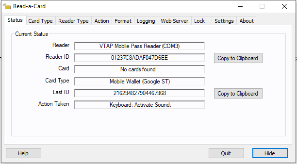Screenshot from Read-a-Card showing where to select Reader Type 'VTAP100 Mobile Pass Reader'