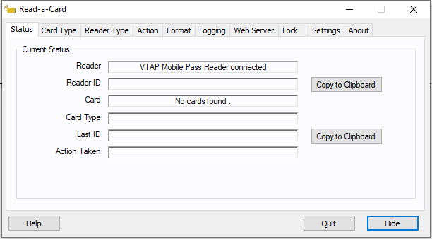 Screenshot from Read-a-Card showing where to select Reader Type 'VTAP100 Mobile Pass Reader'